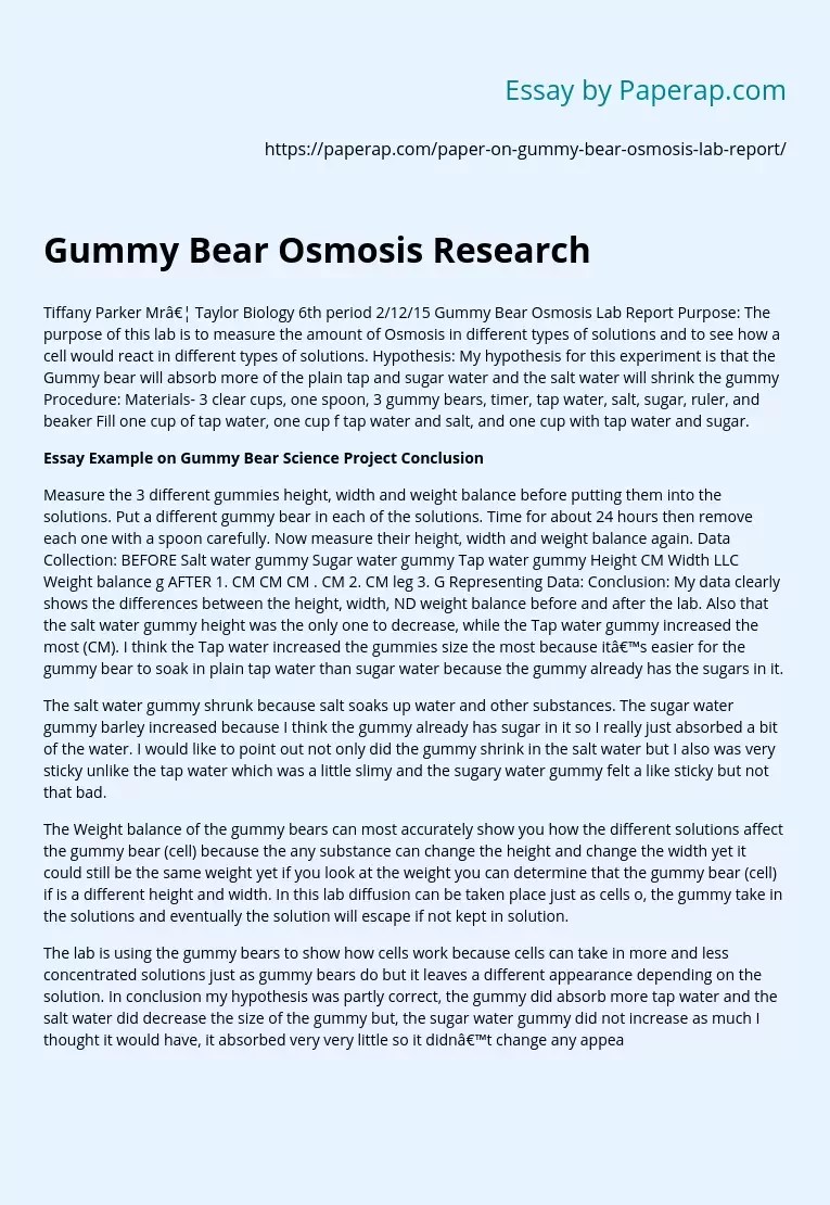 Gummy Bear Osmosis Research Free Essay Example