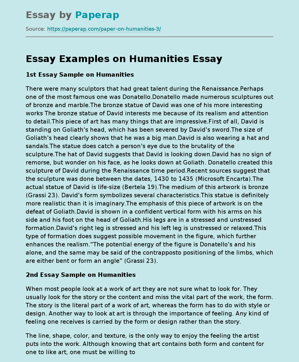 Essay Examples on Humanities Free Essay Example