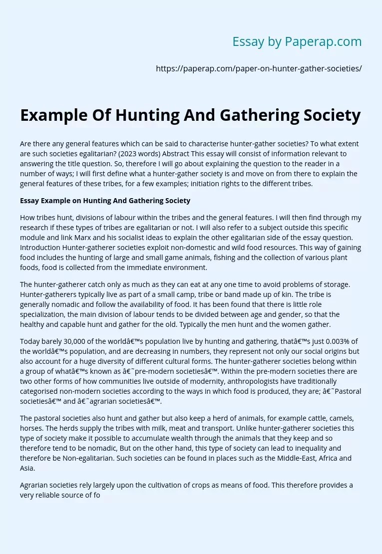 Example Of Hunting And Gathering Society Free Essay Example