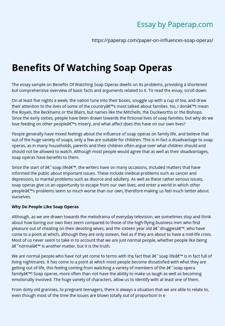 Benefits Of Watching Soap Operas Free Essay Example