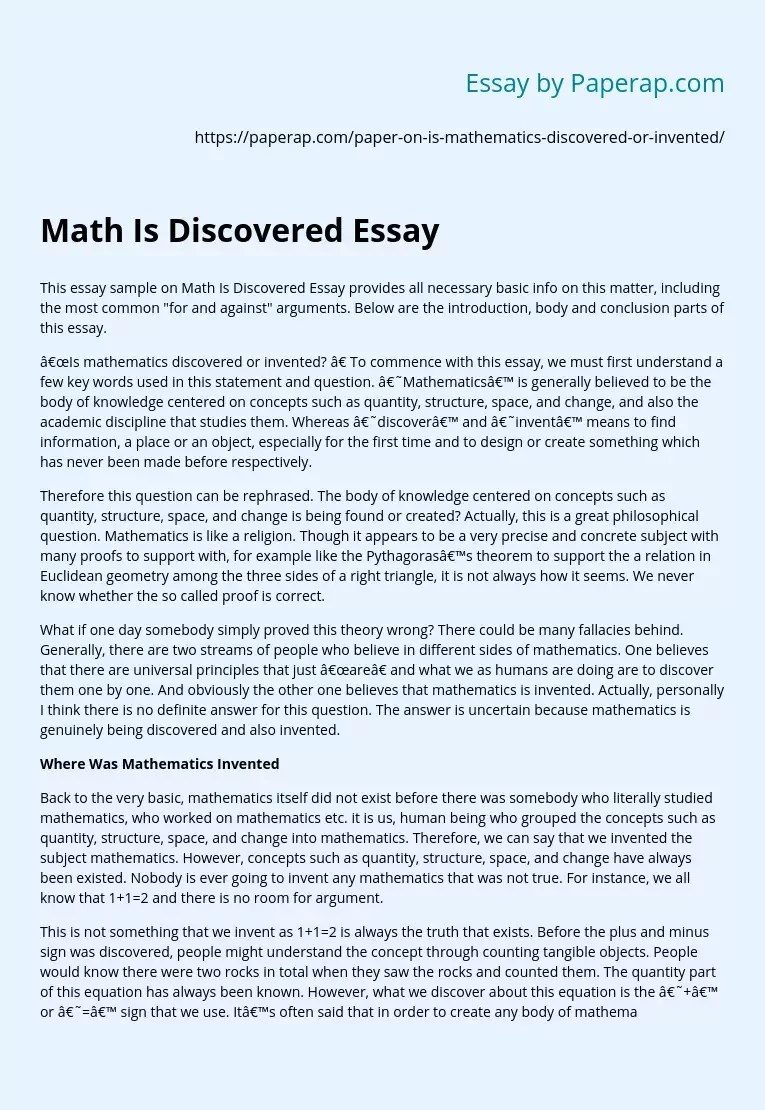 Math Is Discovered Essay Free Essay Example