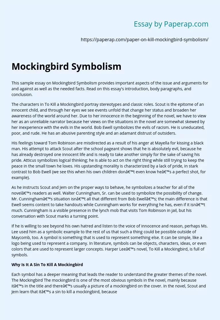 To Kill a Mockingbird Symbolism Free Essay Example