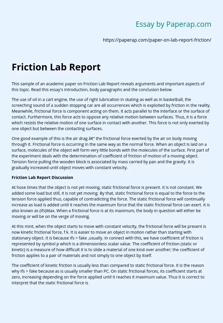 Friction Lab Report Discussion Essay Example