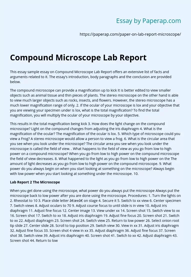 Compound Microscope Lab Report Assignment Essay Example