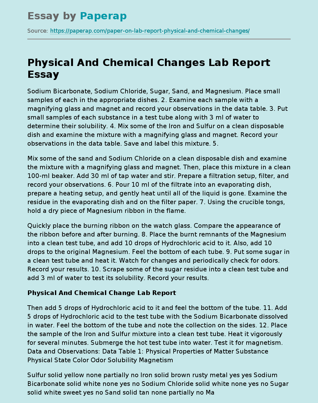 Physical And Chemical Changes Lab Report Free Essay Example