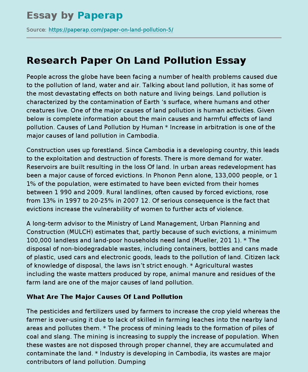 Research Paper On Land Pollution Free Essay Example