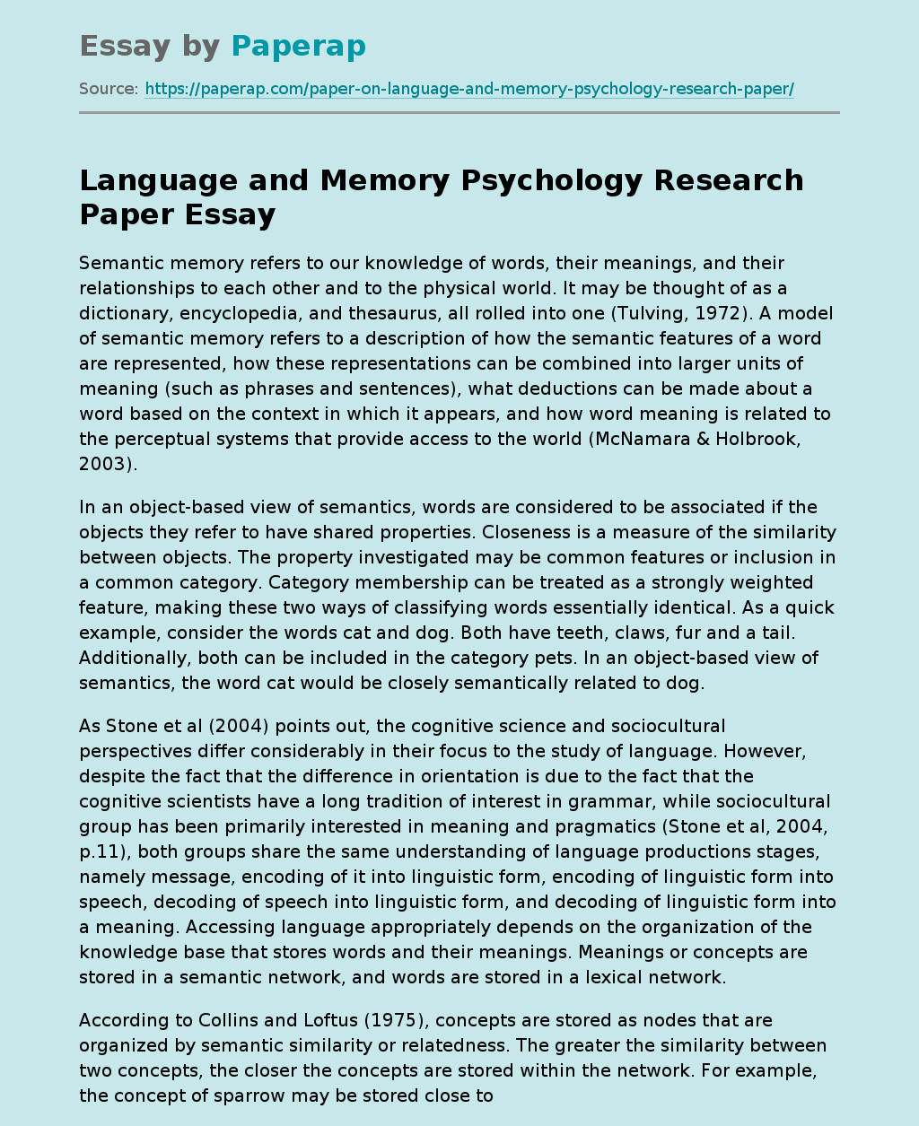 Memory "Psychology Research Paper" Free Essay Example