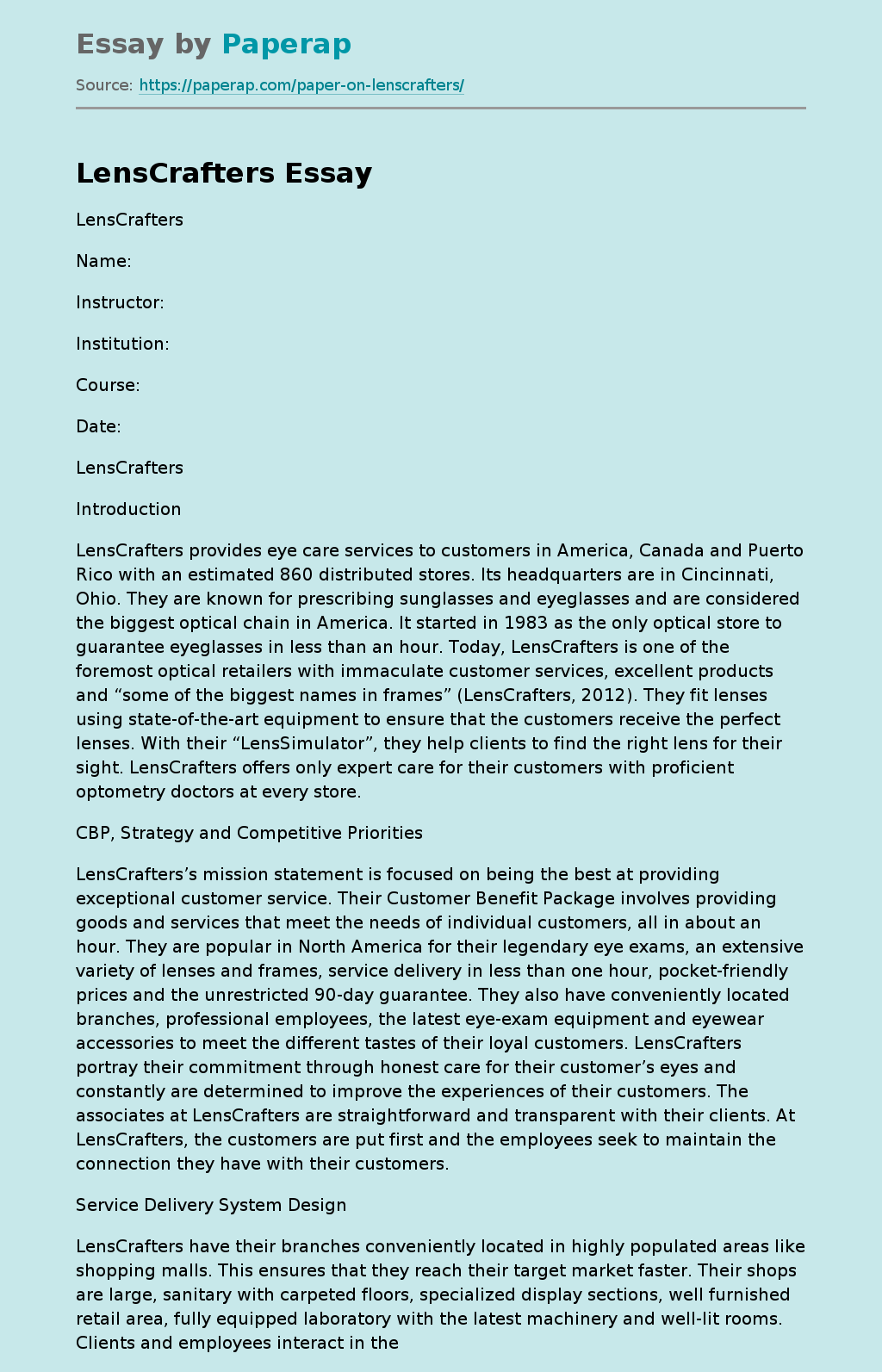Lenscrafters American Eye Care Services Firm Free Essay Example