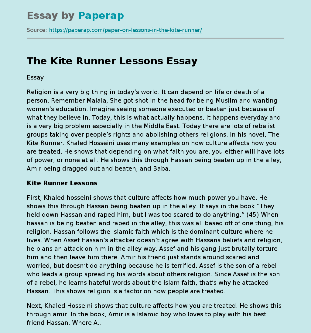 The Kite Runner Lessons Free Essay Example