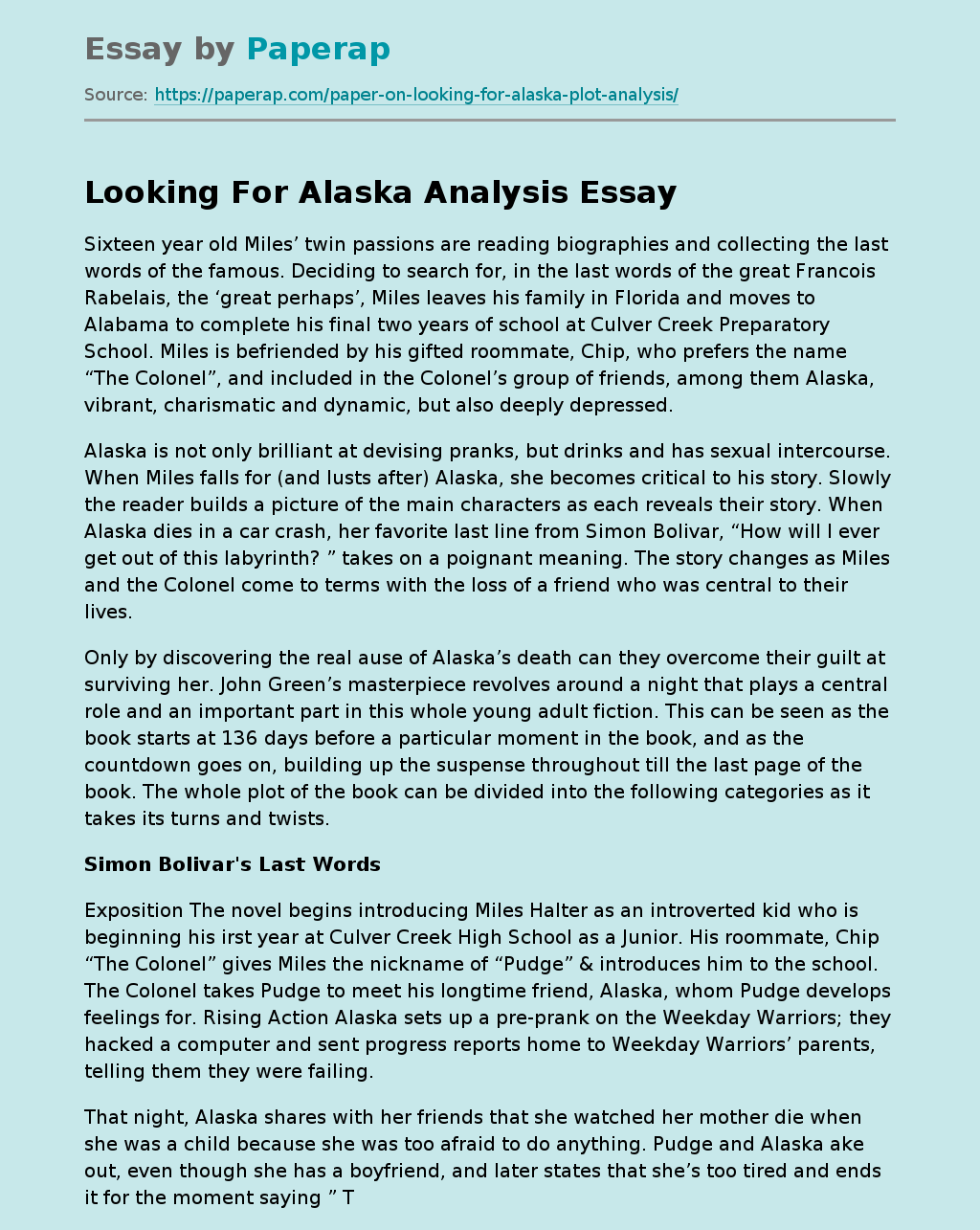 Looking For Alaska Analysis Free Essay Example