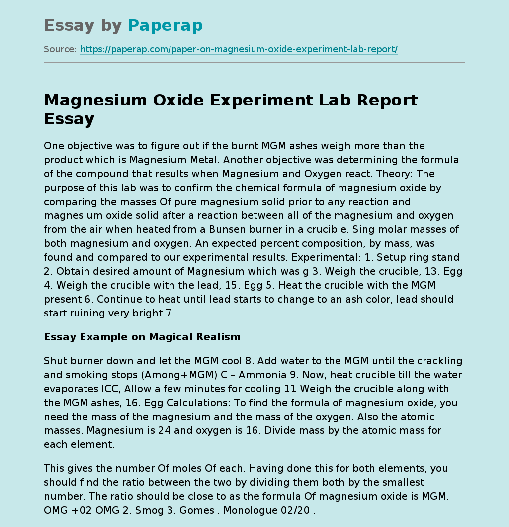 Magnesium Oxide Experiment Lab Report Free Essay Example