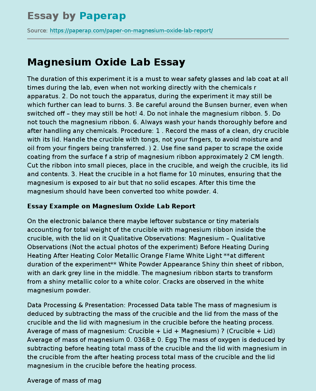 Magnesium Oxide Lab Free Essay Example