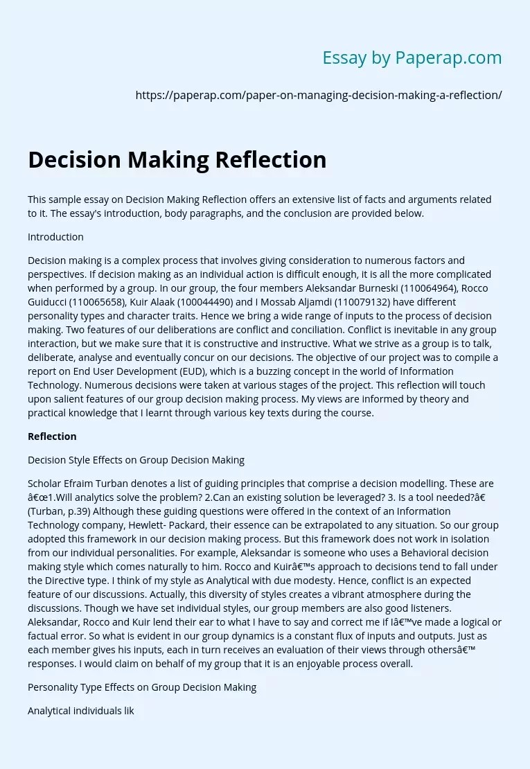 Decision Making Reflection Reflective Essay Example