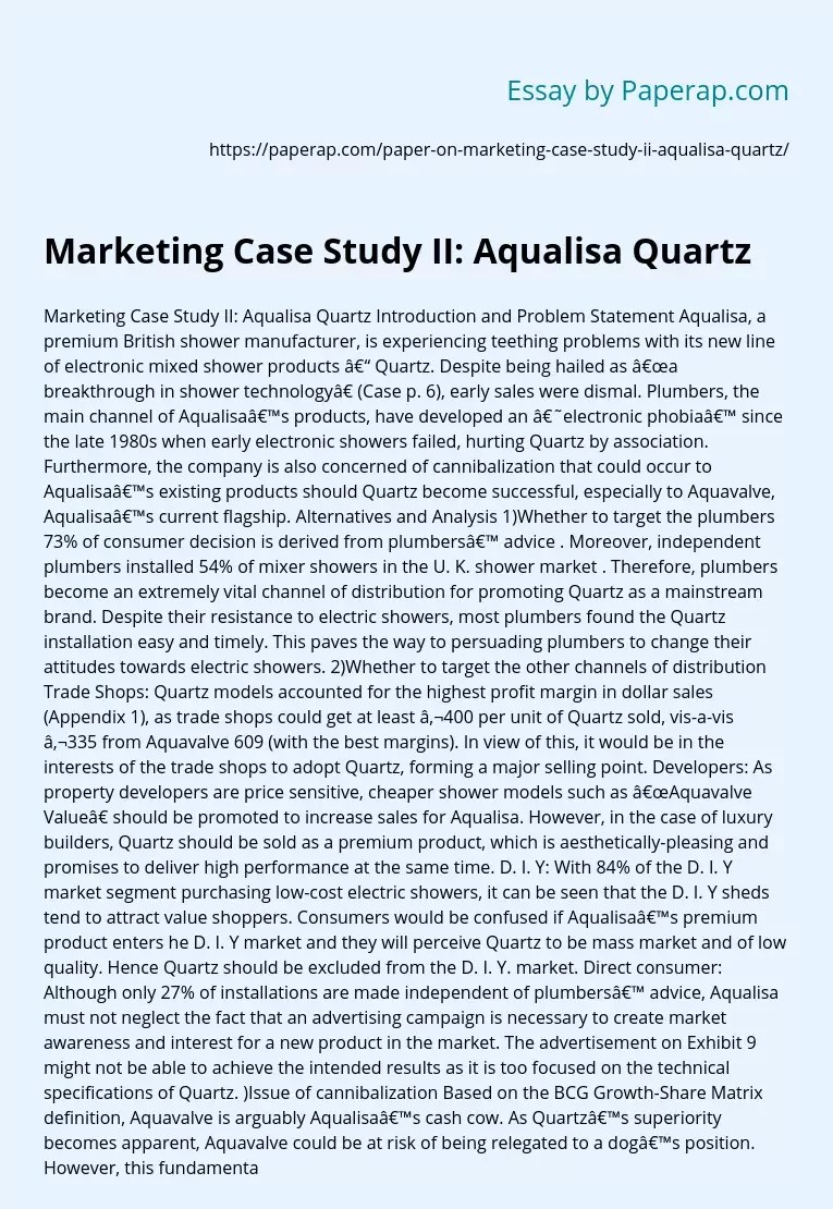 Marketing Case Study II Aqualisa Quartz Free Essay Example