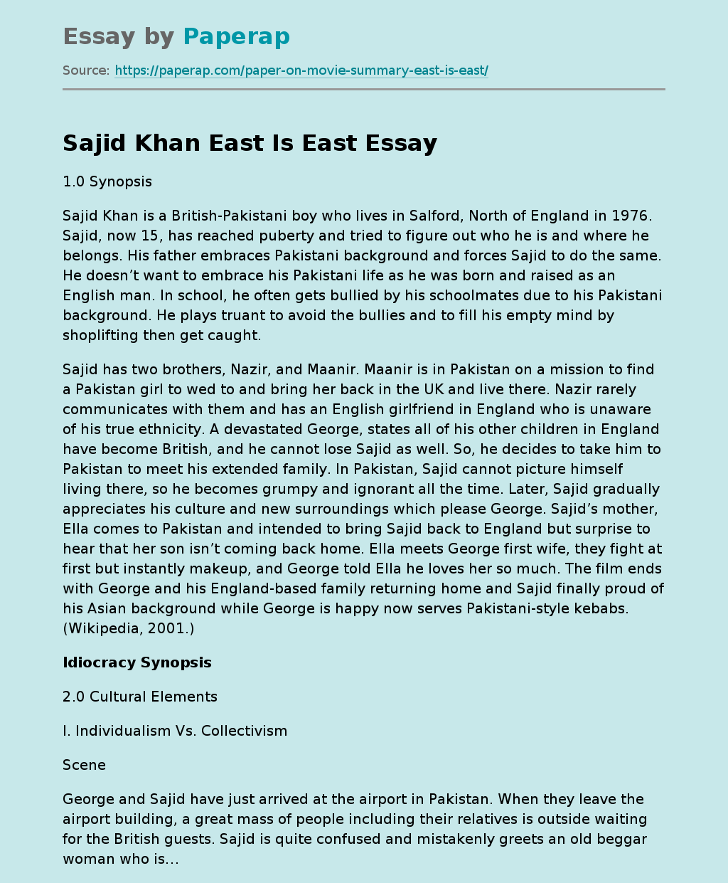 Sajid Khan East Is East Free Essay Example