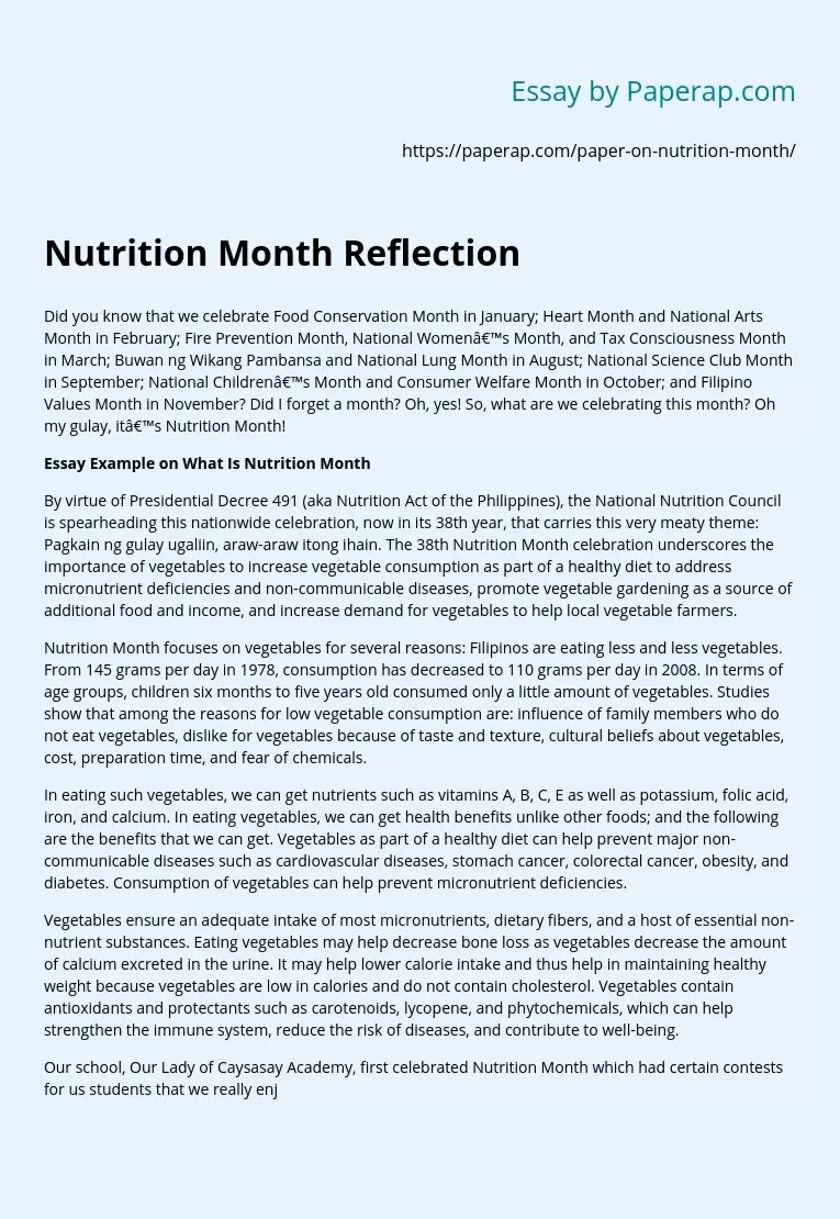 Nutrition Month Reflection Free Essay Example
