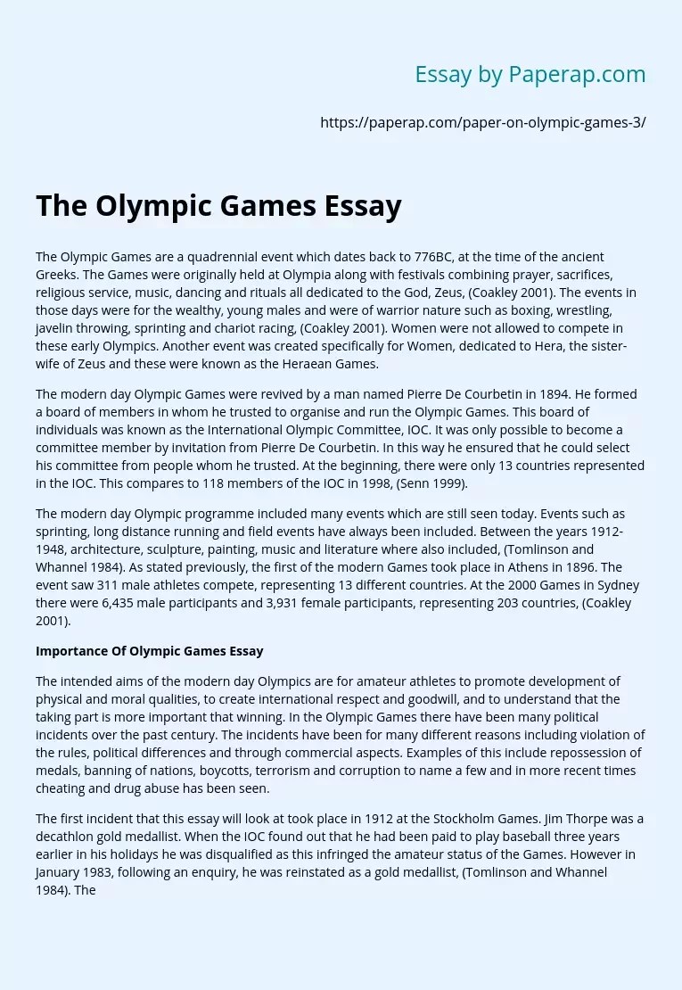 The Olympic Games Essay Free Essay Example