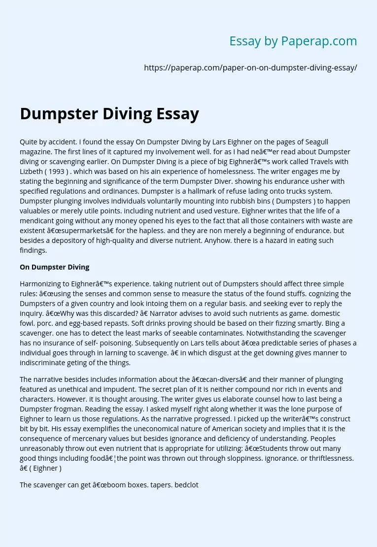 Dumpster Diving Essay Free Essay Example