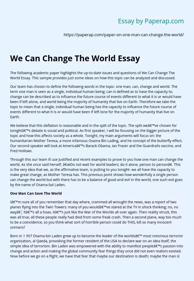 We Can Change The World Persuasive Essay Example