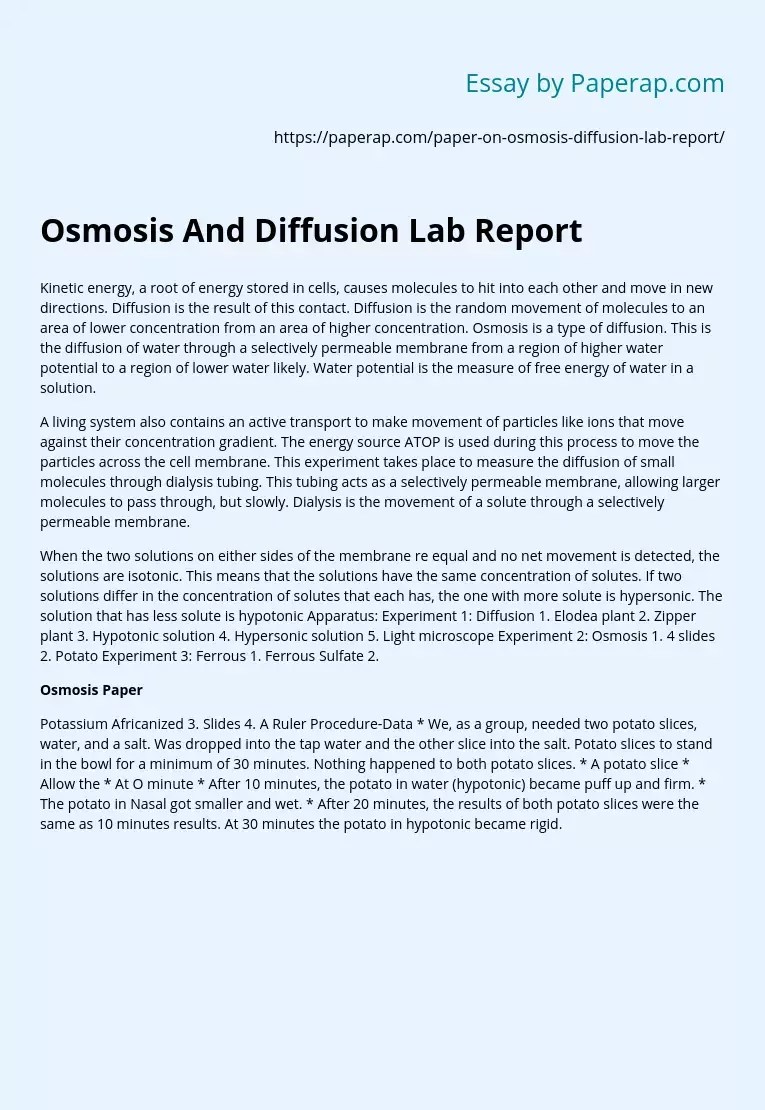 Osmosis And Diffusion Lab Report Free Essay Example