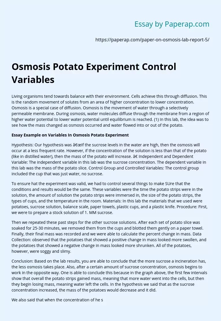 Osmosis Potato Experiment Control Variables Free Essay Example