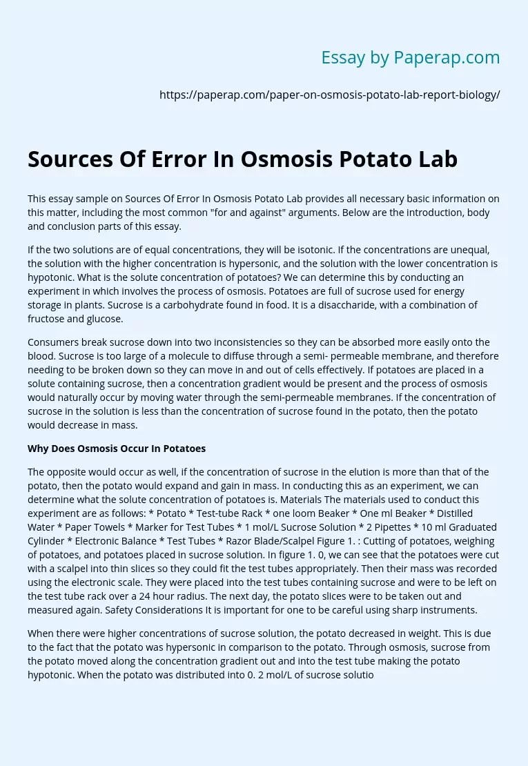 Sources Of Error In Osmosis Potato Lab Free Essay Example