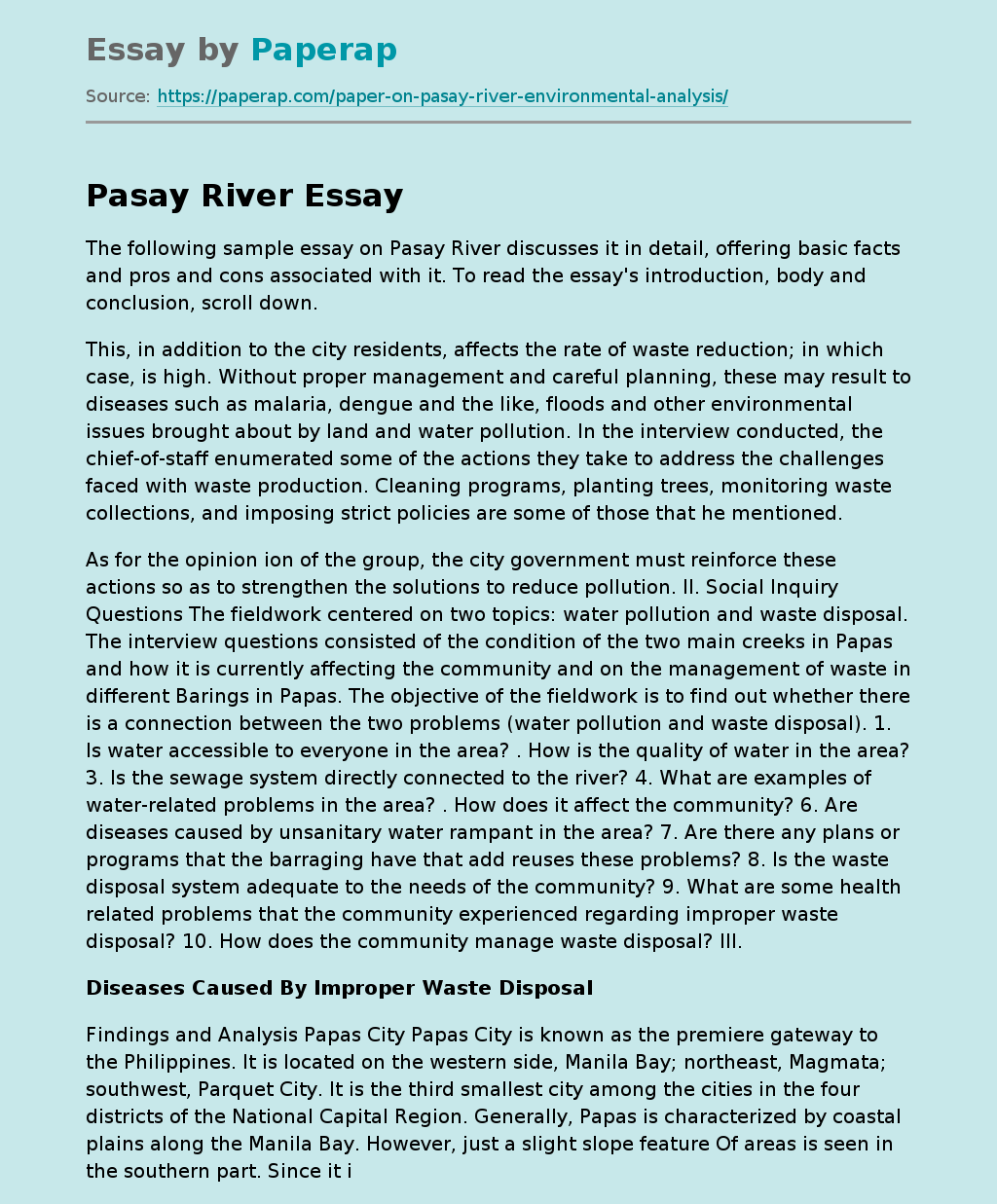 Diseases Caused By Improper Waste Disposal Free Essay Example
