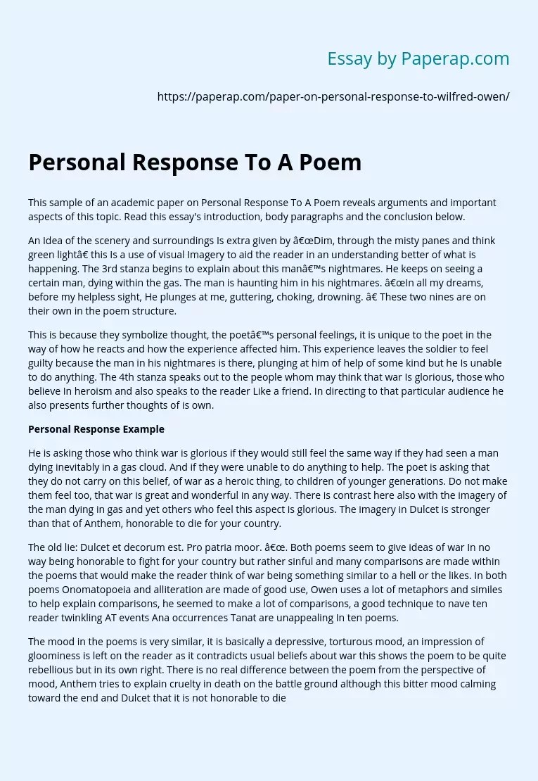 Personal Response To A Poem Essay Example