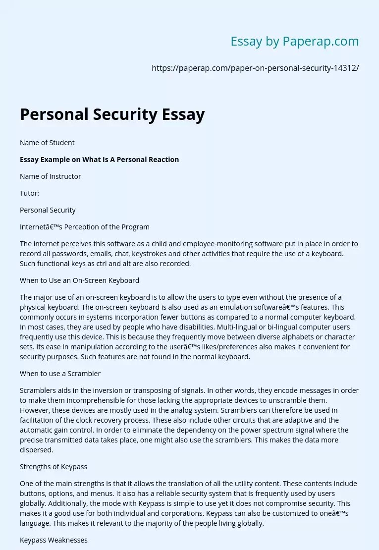 Personal Security Essay Free Essay Example