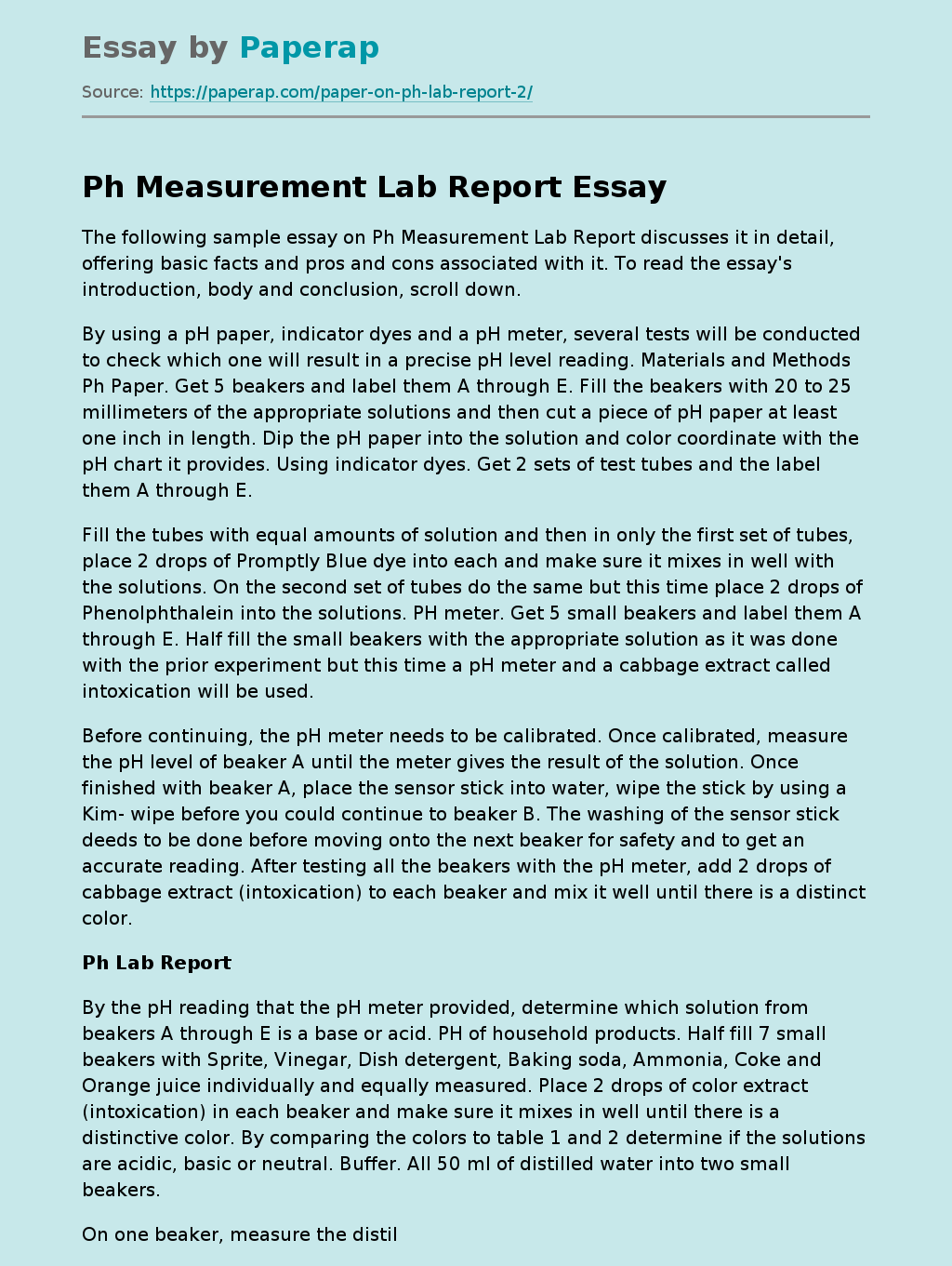 Ph Measurement Lab Report Assignment Essay Example
