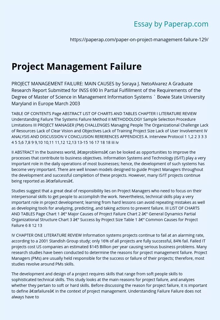 Project Management Failure Free Essay Example