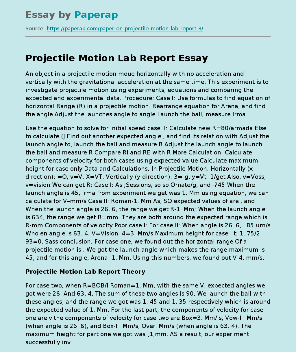 Simultaneous horizontal and vertical motion in projectile Free Essay