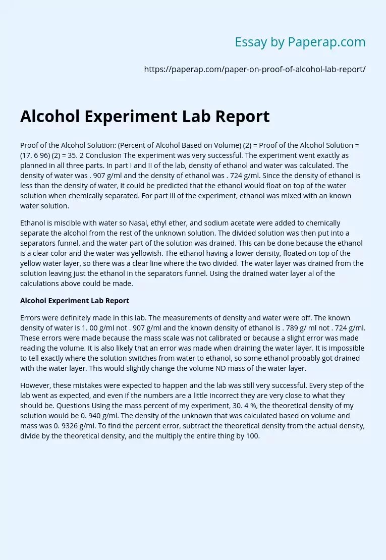 Alcohol Experiment Lab Report Free Essay Example