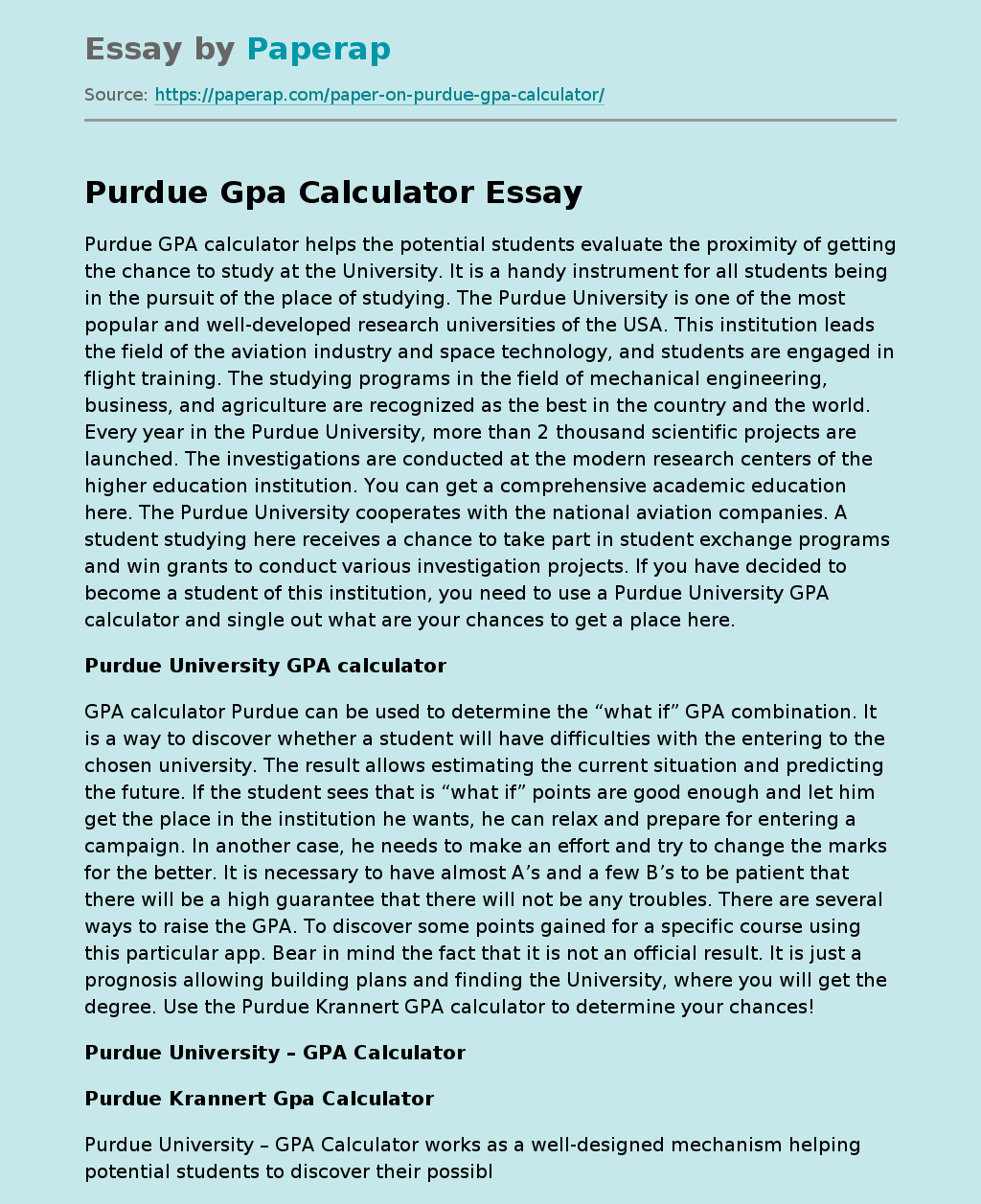 Purdue Gpa Calculator Free Essay Example