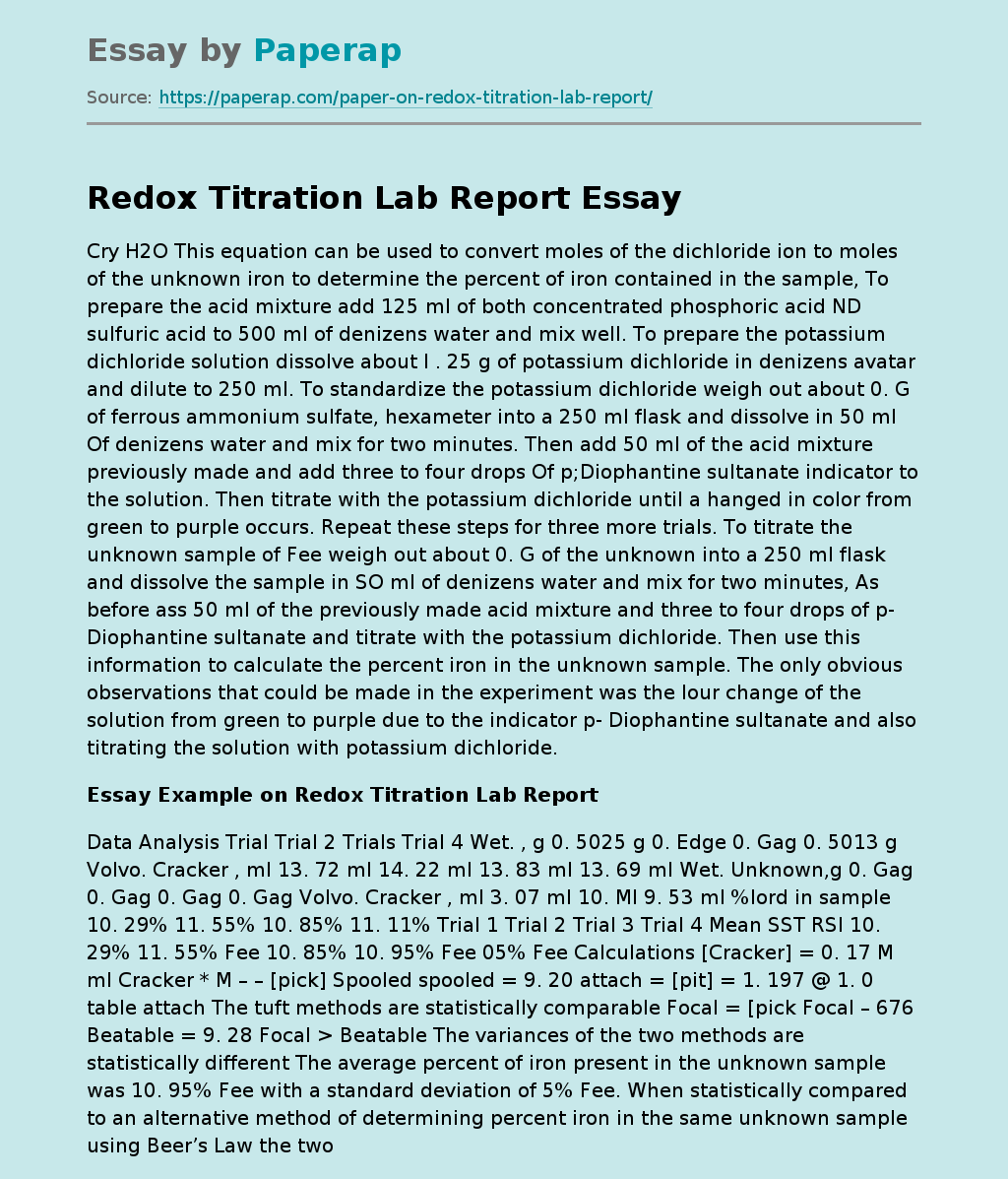 Redox Titration Lab Report Free Essay Example