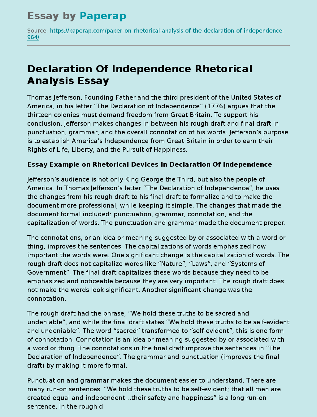 Declaration Of Independence Rhetorical Analysis Free Essay Example