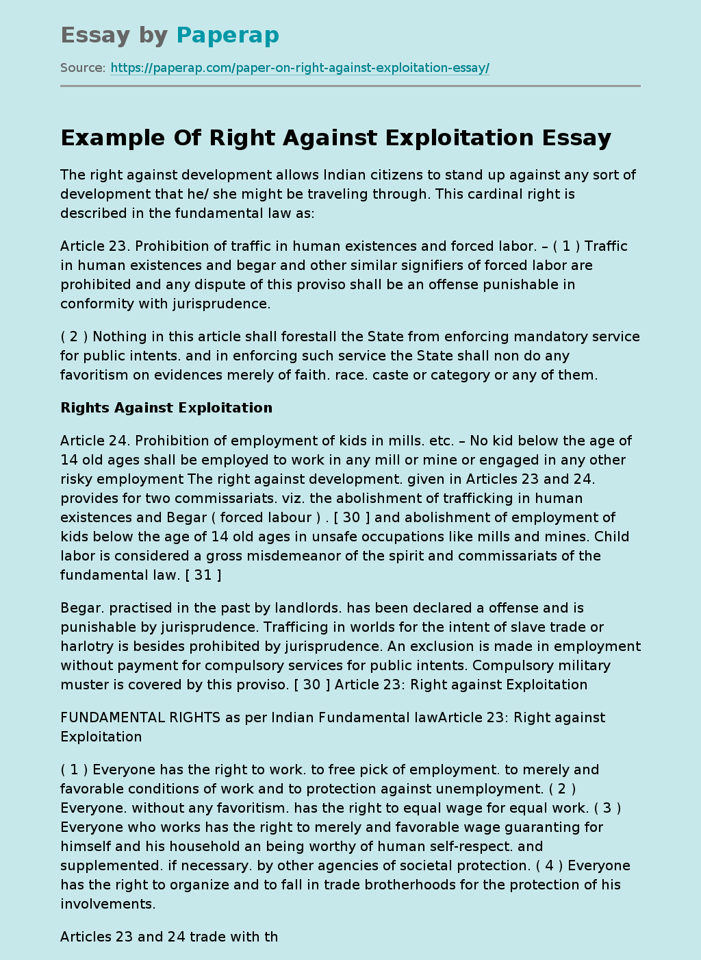 Example Of Right Against Exploitation Free Essay Example
