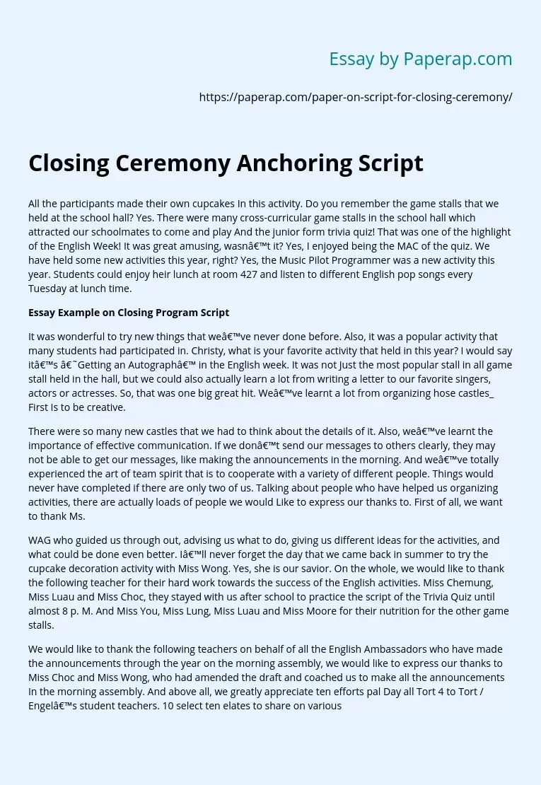 Closing Ceremony Anchoring Script Free Essay Example
