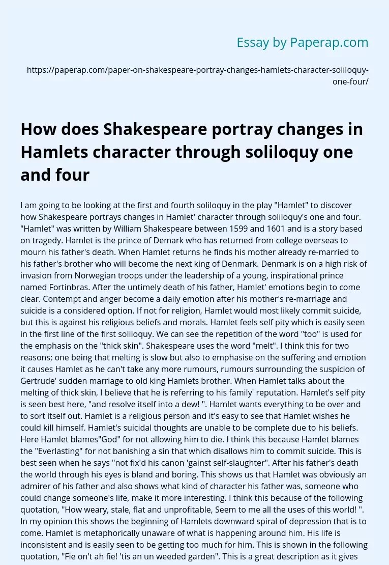 Shakespeare's Hamlet Soliloquies Character Development Free Essay Example