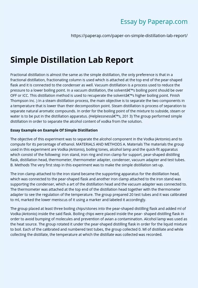 Simple Distillation Lab Report Report Conclusion Essay Example