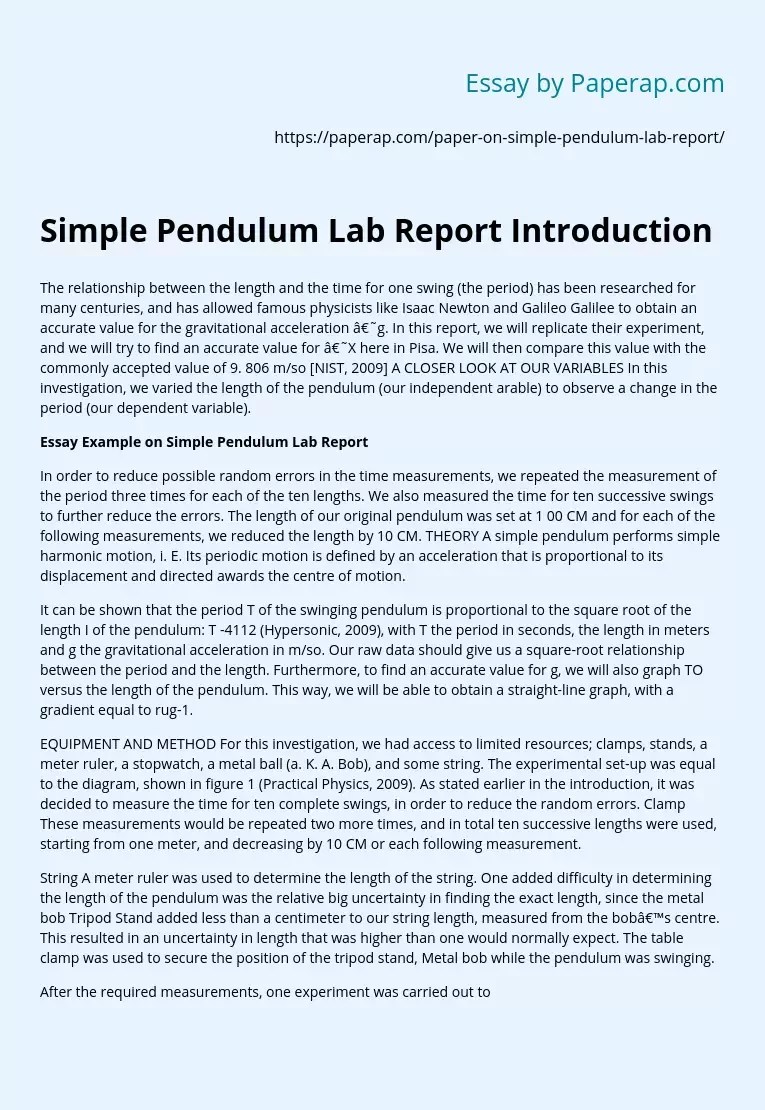 Simple Pendulum Lab Report Introduction Discussion Essay Example