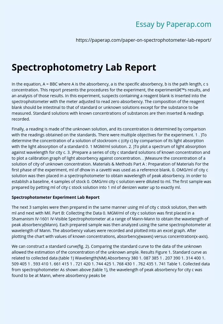 Spectrophotometry Lab Report Essay Example