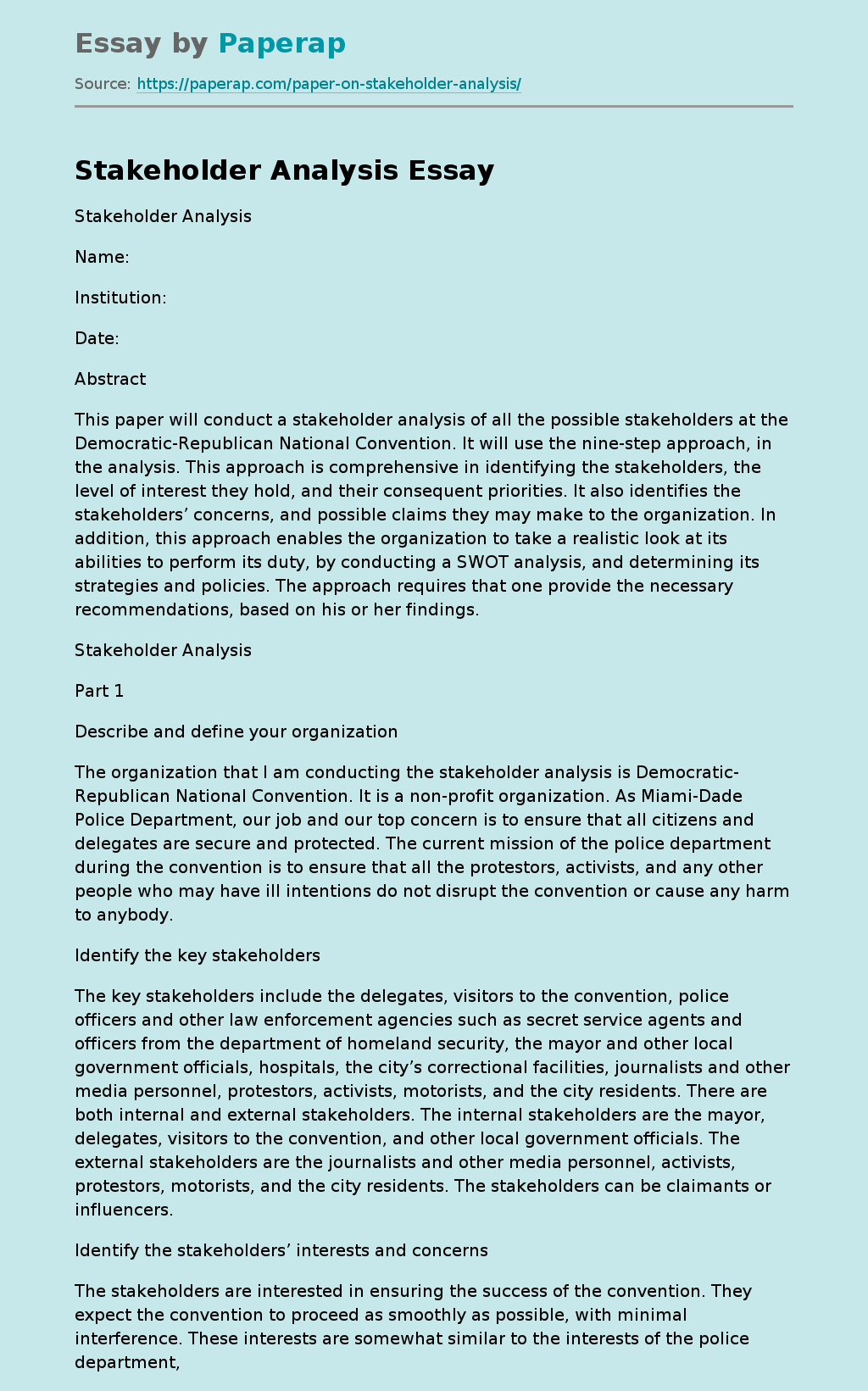 Stakeholder Analysis Free Essay Example