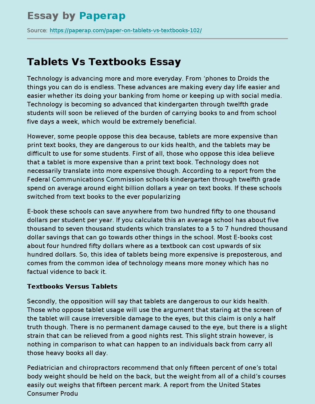 Tablets Vs Textbooks Argumentative Essay Example