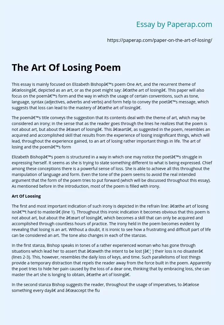 The Art Of Losing Poem Summary Essay Example