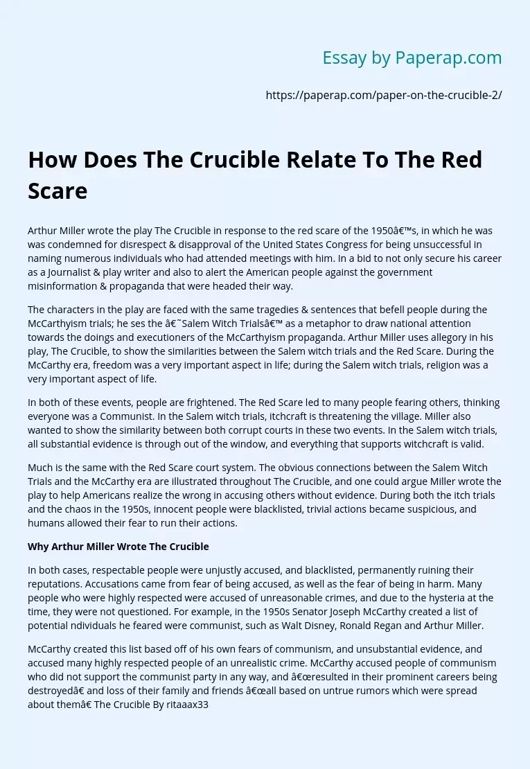 How Does The Crucible Relate To The Red Scare Free Essay Example