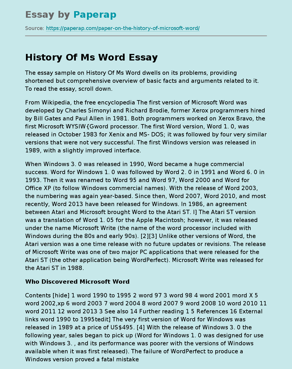 Essay Sample on History of MS Word Free Essay Example