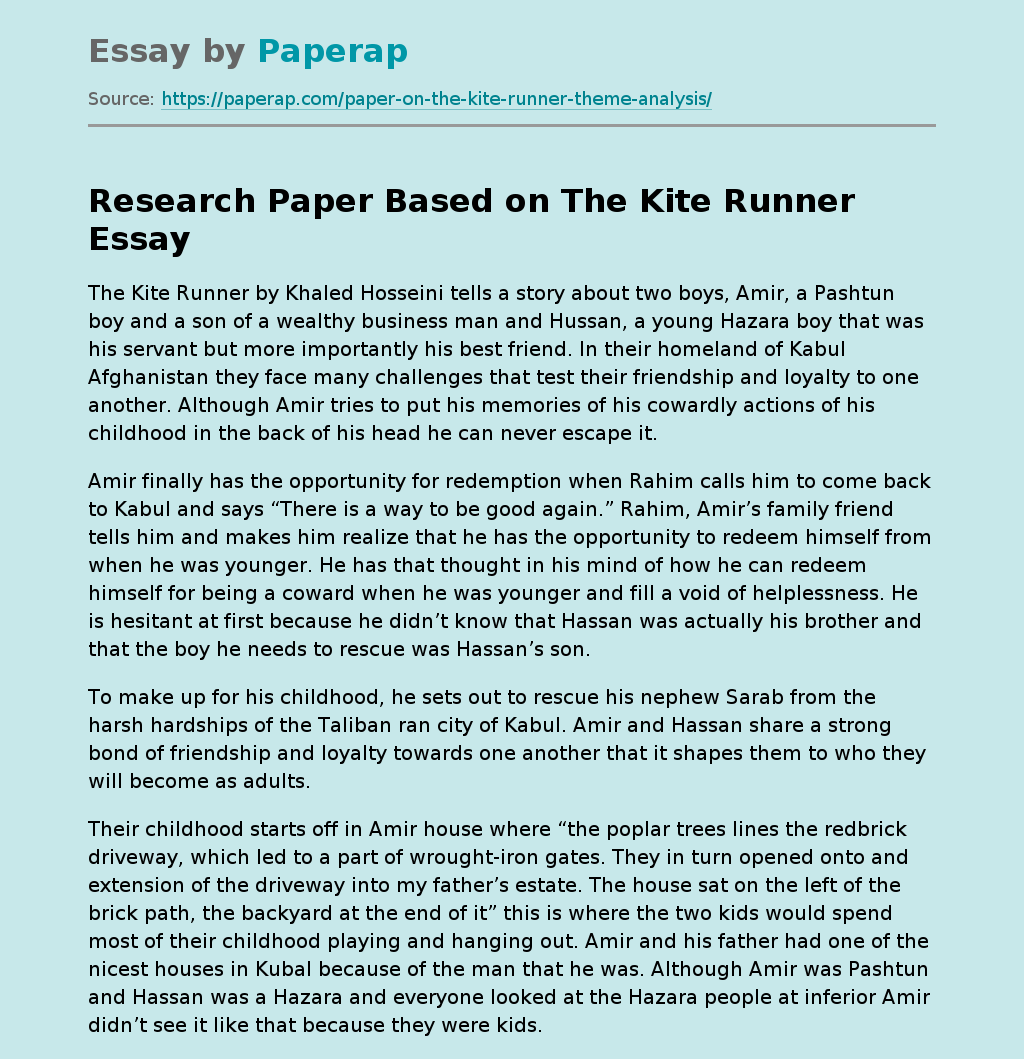 Research Paper Based on The Kite Runner Free Essay Example