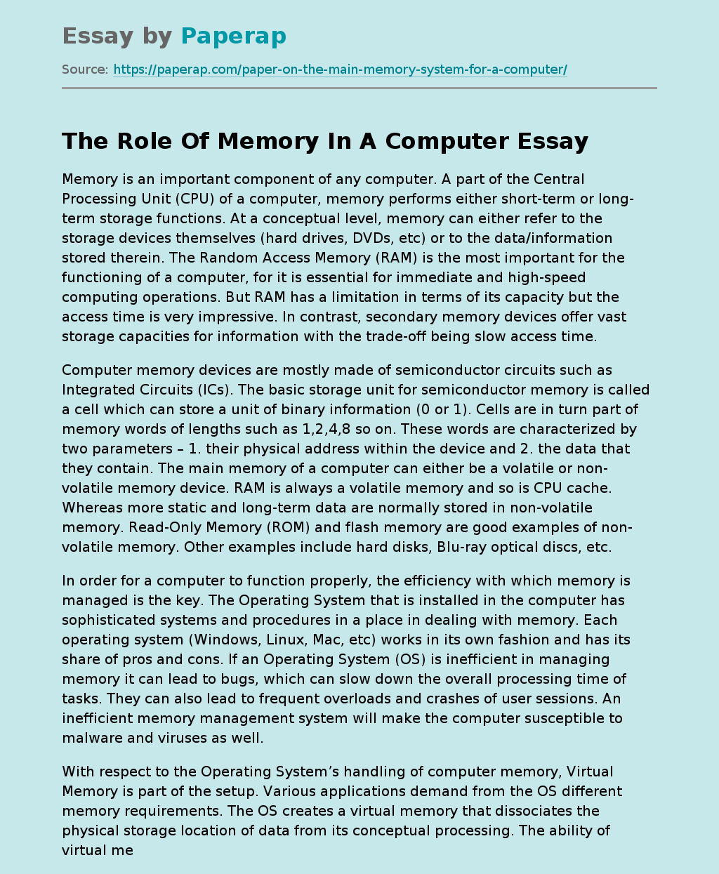 The Role Of Memory In A Computer Free Essay Example