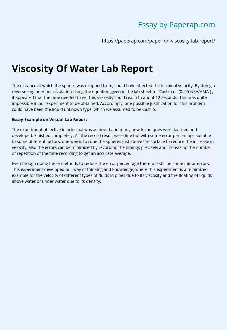 Viscosity Of Water Lab Report Free Essay Example